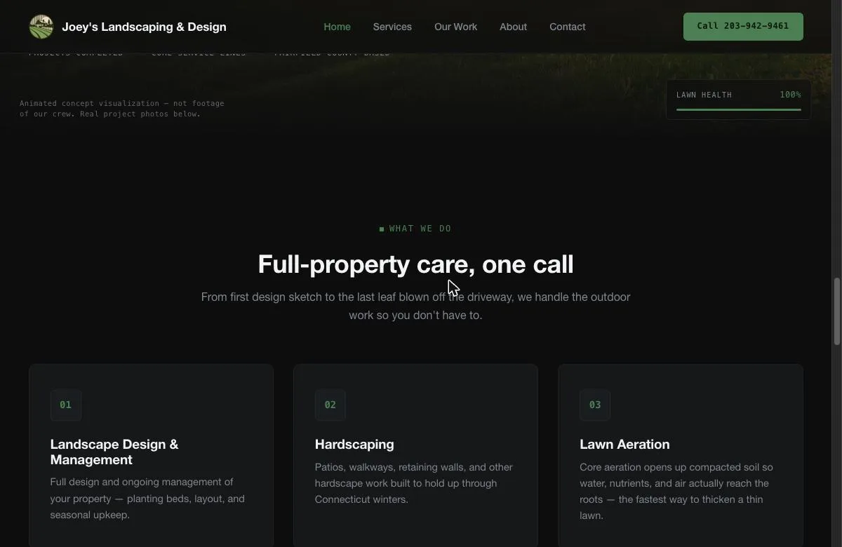 Joey's Landscaping and Design services section: Full-property care, one call